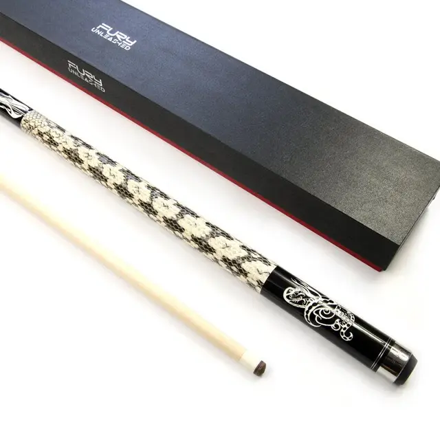 Best price at $372 Cheap Fury New Arrival Engraved Snakesk In Grip Pool Cue 11.75mm Tip Big Head Selected Maple Wood Black 8 Billiards Pool Cue