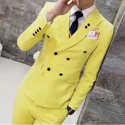 Модный популярный бренд Мужской Повседневный высококачественный костюм мужской тонкий корейский стиль простой уход блейзеры жилеты и брюки плюс размер 4XL - Цвет: yellow