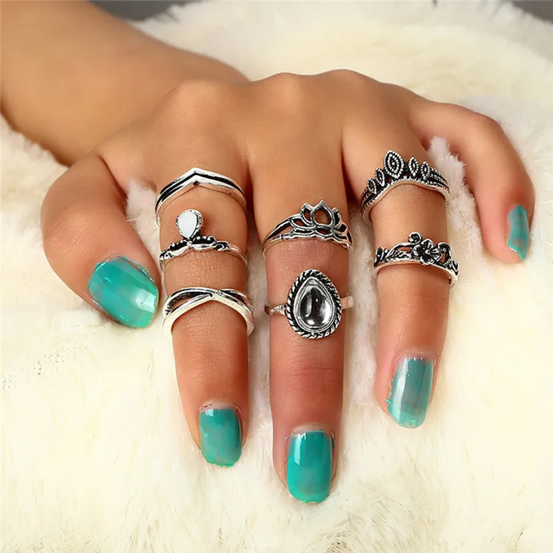 7pcs/set Antique Classic Pattern Bohemia Style  Flower Carving RING WOMEN Tribal Knuckle Ring Jewelry Silver Rings