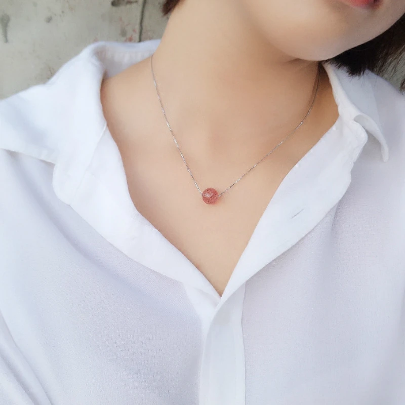 

Simple Silver Strawberry Crystal Necklace 925 Pink Crystal Ball Pendant Necklaces For Women Christmas Gifts