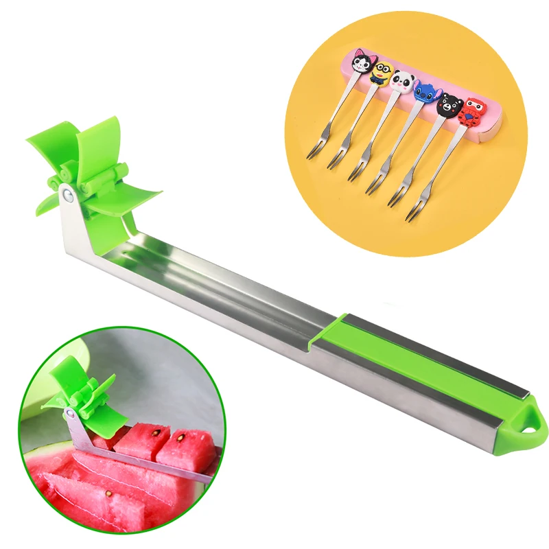 

New Windmill Watermelon Slicer Cutter Tool With 6PCs Forks Box Stainless Steel Fruit Cutter Tongs Kitchen Gadgets Fruit Tools