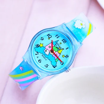 

2018 famous brand children girls transparent castle rainbow butterfly quartz wristwatches students creative resin face clock