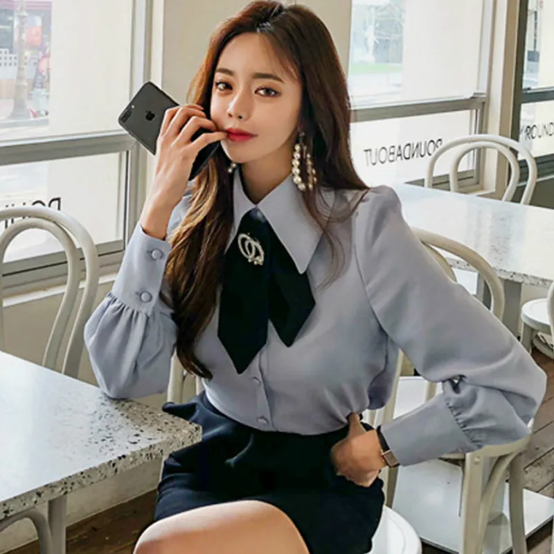 

2019 Spring OL Top Solid Casual Long Sleeve Bow-Tie Office Work Blouse Shirt