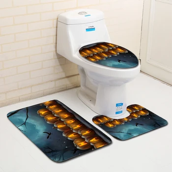 

Halloween 3D Pumpkin Lante Toilet Bath Mat Carpet Rug Sets Bathroom Shower Room Carpets Flannel Anti Slip 3 Pieces Bath Mat Sets