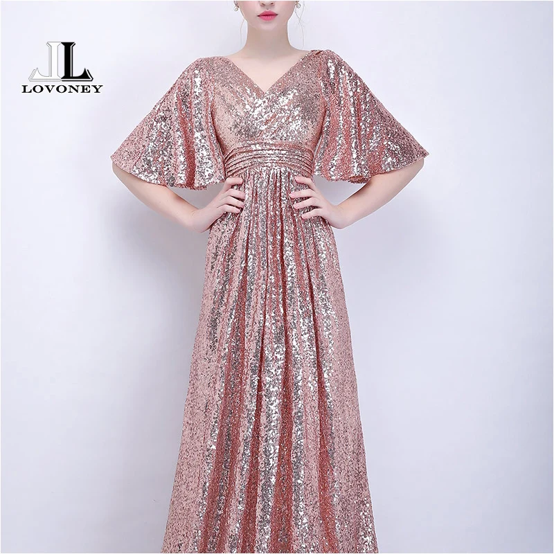 LOVONEY Elegant A line V Neck Evening Dress Long Sequin Formal Party Dresses Women Prom Gown Robe De Soiree Occasion Dress YS416 LOVONEY Elegant A line V Neck Evening Dress Long Sequin Formal Party Dresses Women Prom Gown Robe De Soiree Occasion Dress YS416