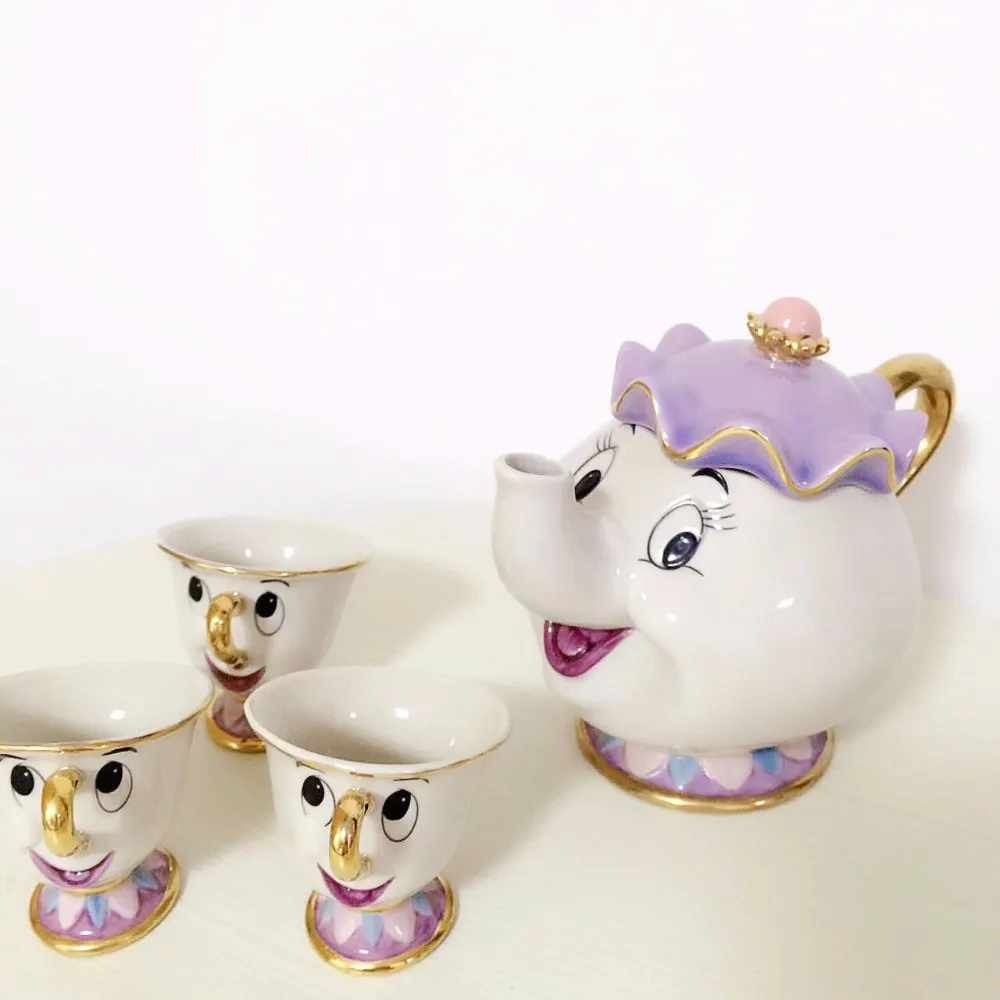 

Beauty And The Beast Teapot Mug Mrs Potts Chip Tea Pot Cup Set Sugar Bowl Pot Gift 18K Gold-plated Painted Ceramic free shipping