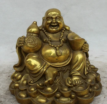 

dr61 6" Chinese Buddhism Brass Wealth Fu cucurbit Happy Laugh Maitreya Buddha Statue