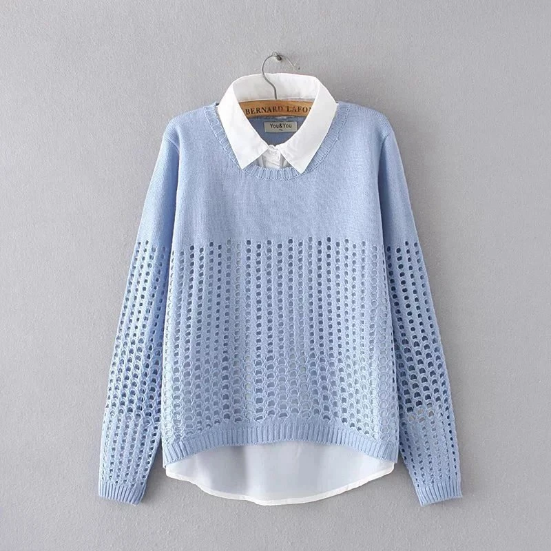 Xuanchuanwen искусственный из двух частей рубашка с воротником свитер с длинным рукавом осенние пуловеры для женщин выдалбливают Трикотаж YY51