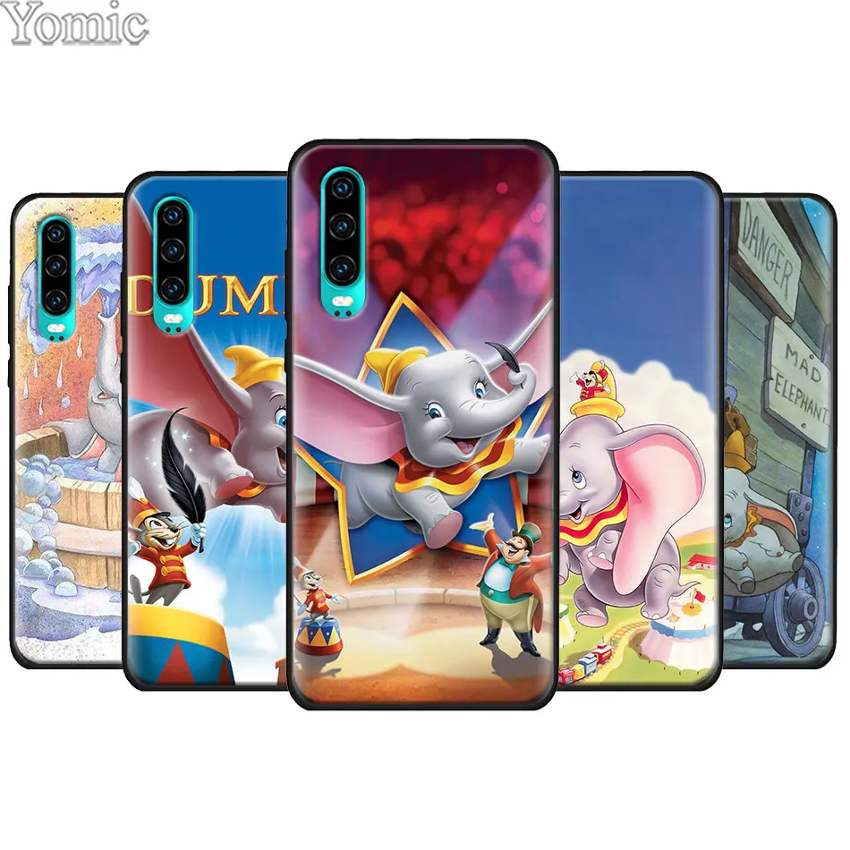 

Cute Cartoon Dumbo elephant Black Soft Case for Huawei P20 P30 Pro P9 P10 P20 P30 Lite P Smart Plus Mate 10 20 Lite Case Cover