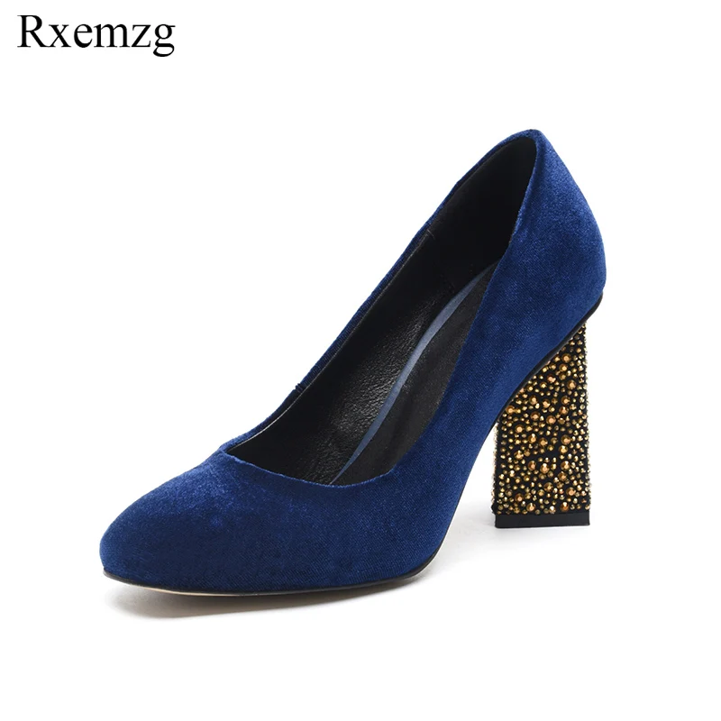 

Rxemzg autumn new slip on big size 34-43 blue velvet shoes woman fashion rhinestone bling high heels party wedding pumps women