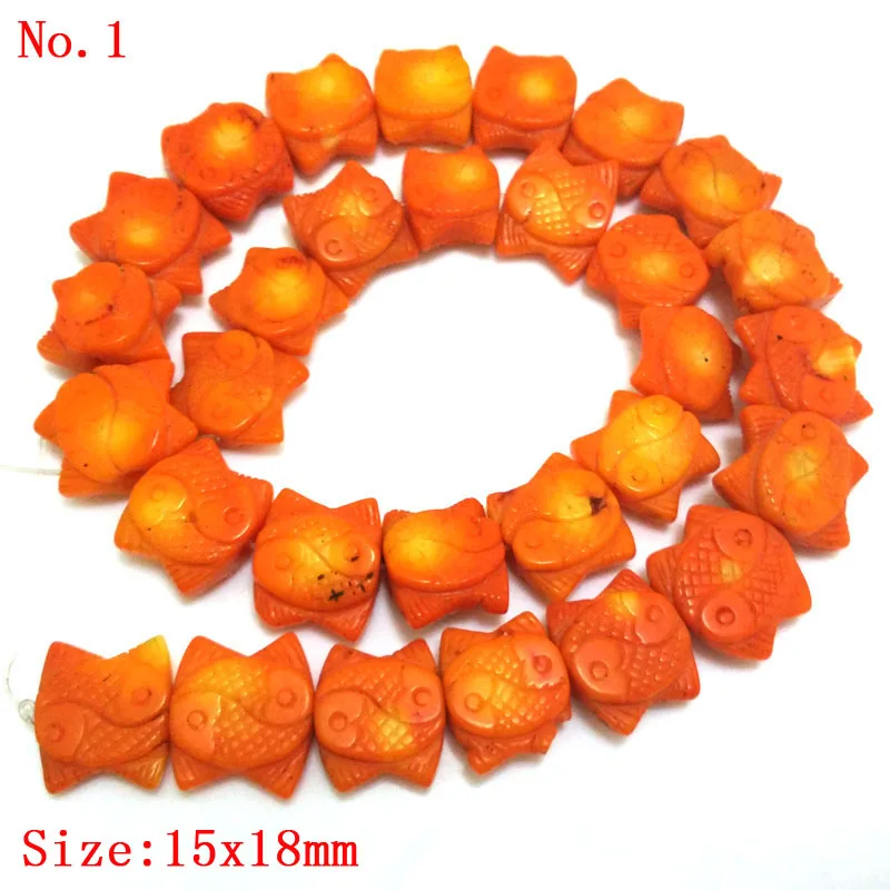 

16 inches Orange Double Fish Style Hand Made Carved Natural Coral Beads Loose Strand