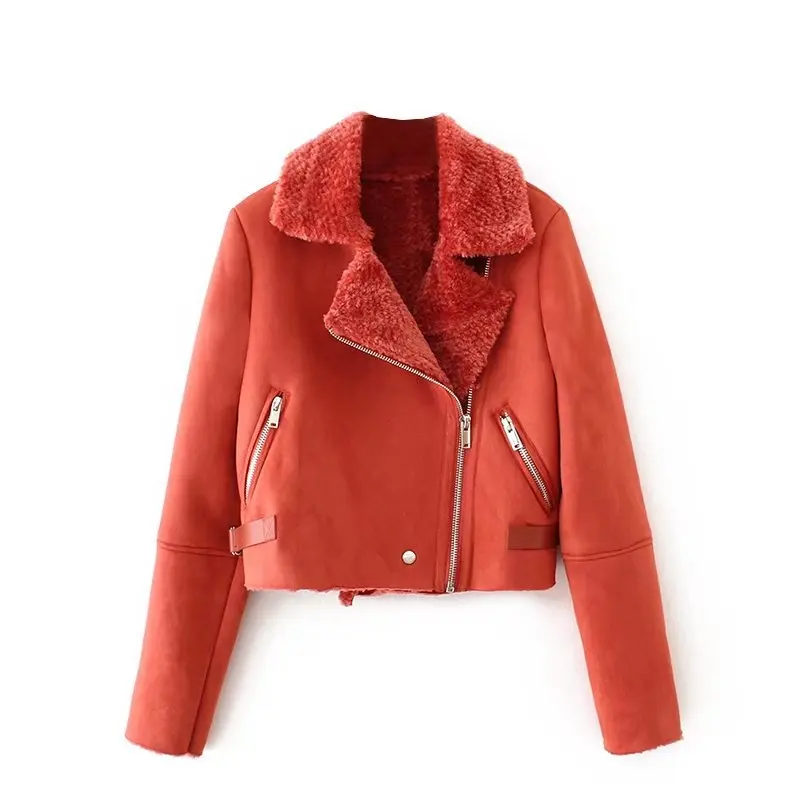 

2018 Fashion Winter Warm leather with fur jackets Coat Women Orange Ladies Suede Leather Jackets Thick Short Coats