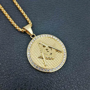 

Letter G Masonic Round Pendants 316L Stainless Steel Necklaces for Men Hip Hop Bling Iced Out Rapper Jewelry with 24" Gold Chain