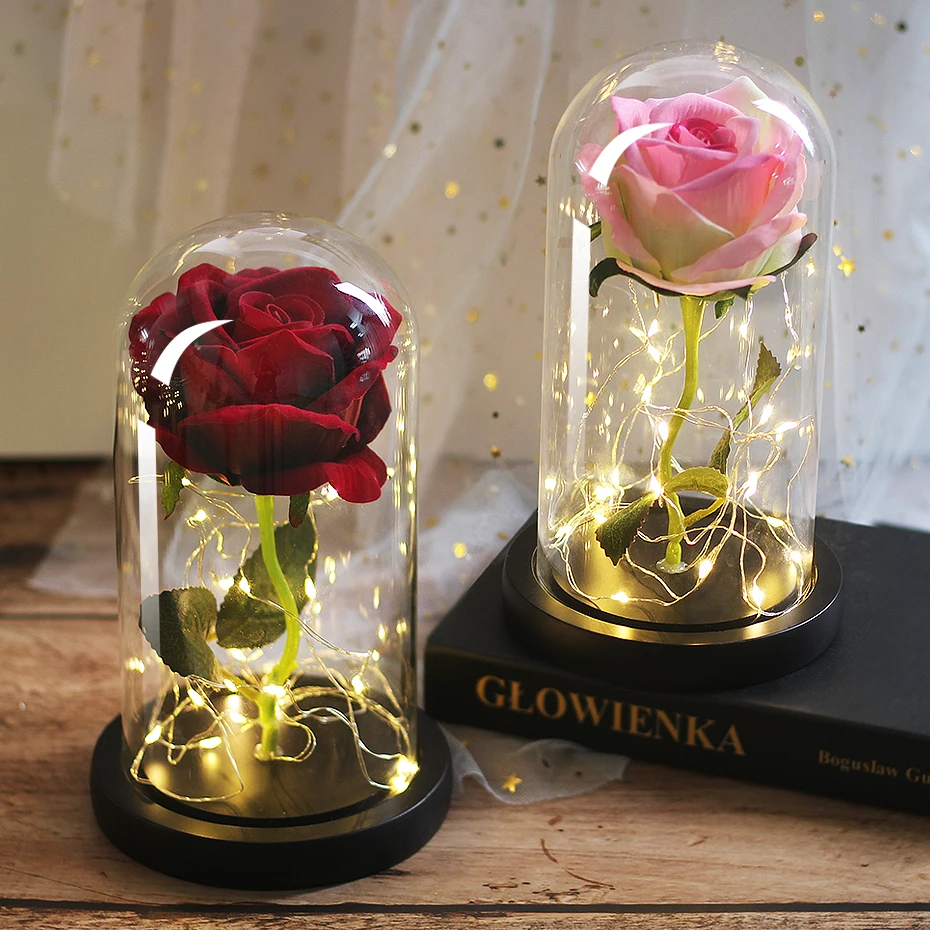 LED Eternal Flower Immortal Flora Light Up Dome Beauty and The Beast Rose In A Flask Valentine's Day Birthday Christmas Day Gift