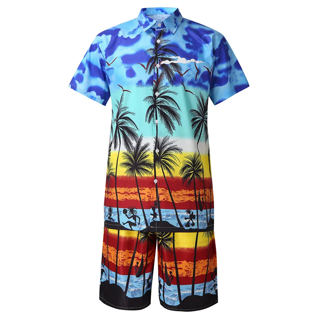 Модный мужской комплект, Повседневный, на пуговицах, гавайский принт, пляжный, короткий рукав, Быстросохнущий костюм, мужские футболки+ короткие штаны, уличная одежда z0605 - Цвет: BU