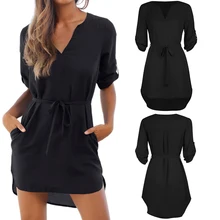 Шифон Повседневное Сарафан V образный вырез Женщина Платья Карман Свободный Модное Пляж Простой Завязанный Дешевый Платья Милый Повседневный Леди Короткий Рукав Шик Черный Хипстер Особенный Платье Мини