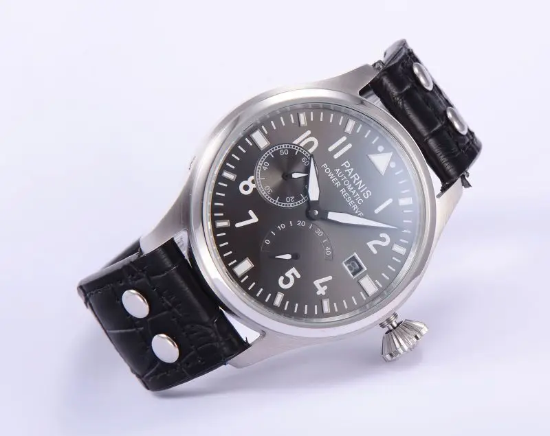 46mm Parnis Luminous Numbers Automatic Movement Gray Dial Men s Wristwatch Power Reserve Date
