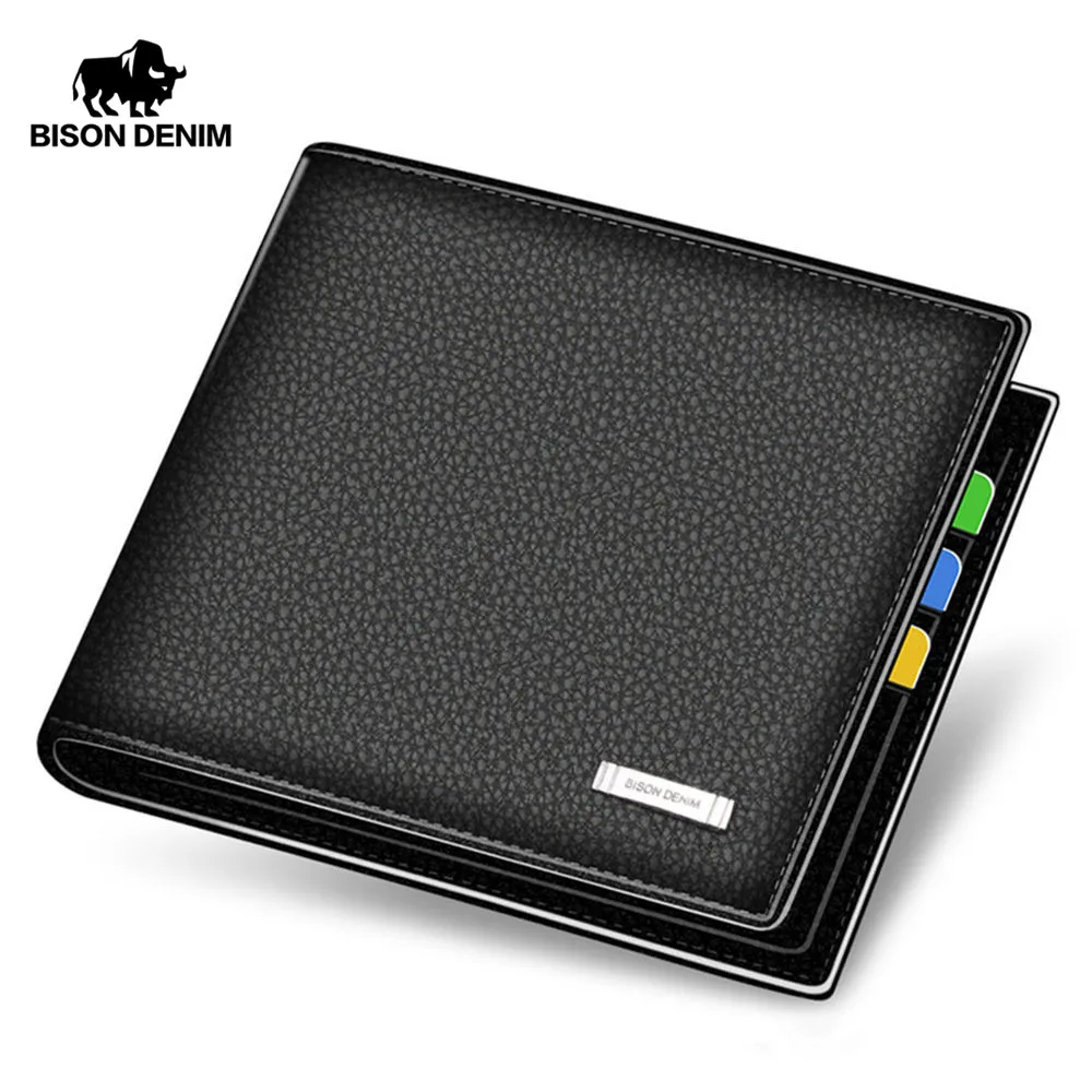 

BISON DENIM Men Genuine Leather Wallet Soft Short Wallet Business Casual Men's Card Holder Black Purse For Men N4357