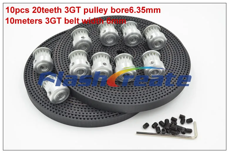 

10pcs 20 Teeth 3GT Synchronous Pulley Bore 5/6.35/8mm + 10meters 3GT Rubber Belt Width 6mm 20Teeth 20T GT3 Timing Belt Pulley