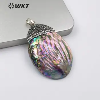 

WT-NP384 Natural Abalone Shell Pendant Egg Shape Paua Shell With Rhinestone Pave Pendant Colorful Shell Pendant Jewelry