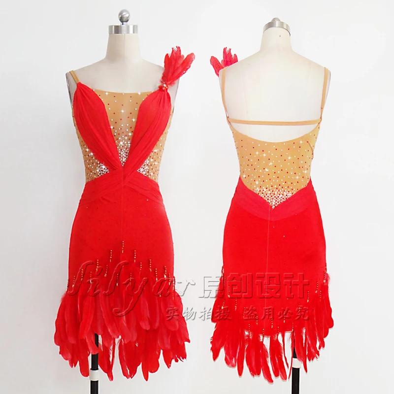 

Latin Dance Competition Dress Performing Dress Red Feather Style, Slim and Hip-wrapped