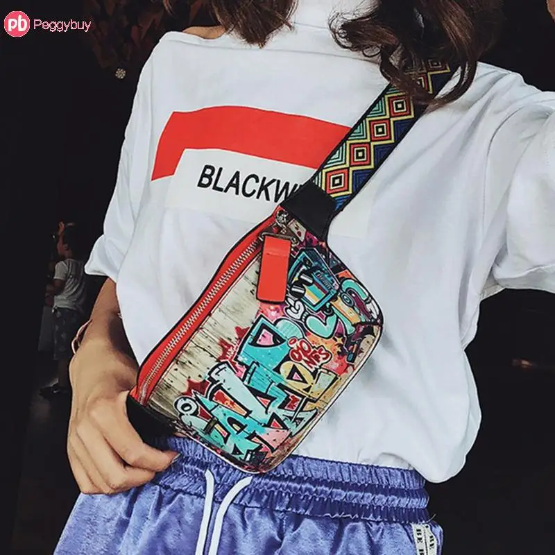 

NEW 17x13cm Hip-hop Street Fanny Pack Women Leather Graffiti Shoulder Chest Waist Bag Colorful Belt Bag Heuptas Pochete