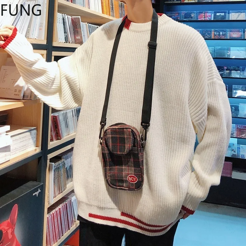 

FUNG Men's Sweater Fashion Autumn and Winter Loose Casual Cotton Knitted O-Neck Pullovers Sweater Men