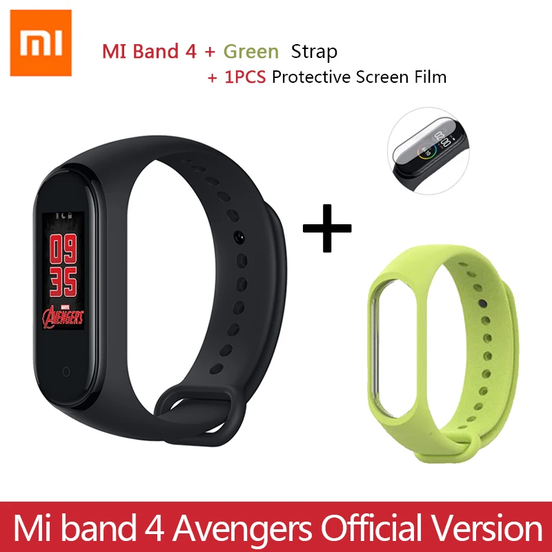 Новейший Xiaomi mi браслет 4 Мстители официальное издание Смарт mi Band 4 Мститель браслет Bluetooth 5,0 пульсометр фитнес - Цвет: Add Green Strap