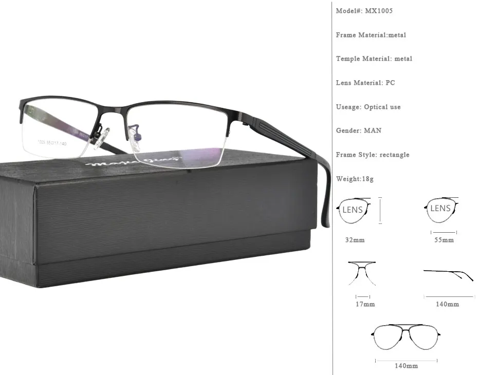 Металлические оптические очки кадр с ultem храмов половина обод Для мужчин близорукость рецепту очки MX1005