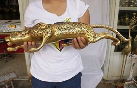 

13" Huge BRASS Collect Leopard Panther Cheetah Run Statue decoration brass factory outlets