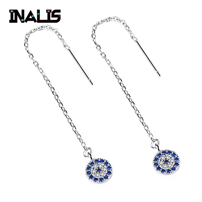 

INALIS New Real 925 Sterling Silver Ear Line Long Chain with Clear Blue CZ Crystal Round Pendant Dangle Drop Earrings for Women