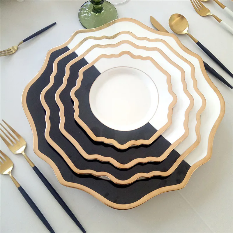 

Black And White Plate Set Sunflower Tray Noble Golden Edge Ceramic Dinnerware Set Western Banquet Dinner Plates Nordic Food Tray