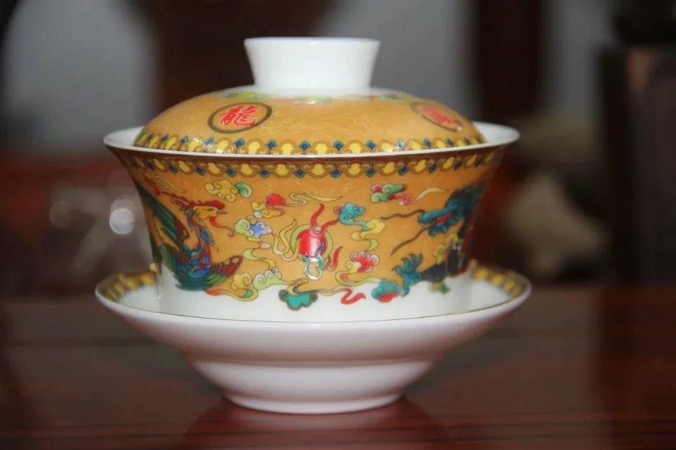 Уникальный китайский чай кунг-фу чай Gaiwan для Молочный Улун костяного фарфора крышка чаши Дракон и Феникс Благоприятный