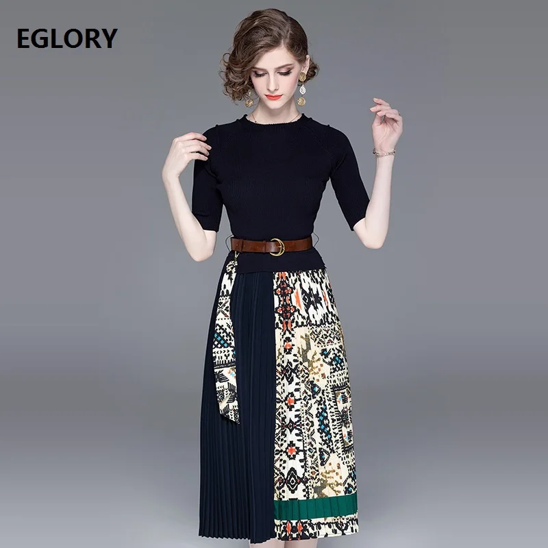 

High Quality Dress for Women Vintage Print Knitted Patchwork Half Sleeve Mid-Calf Length Casual Long Sweater Dress Vestidos 2019