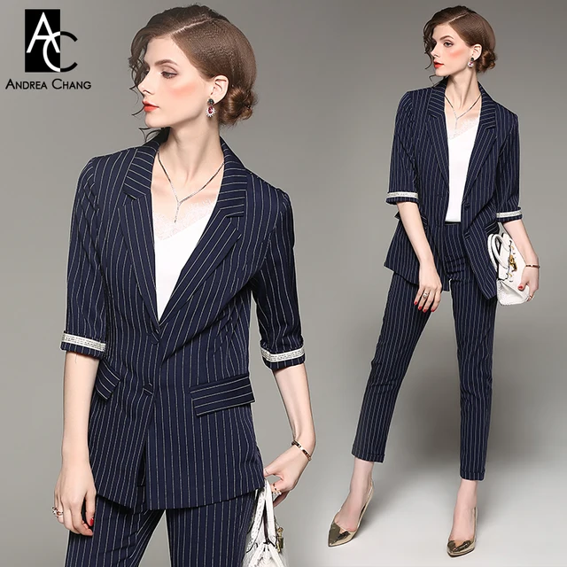 spring autumn woman outfit white strip pattern dark blue suit blazer ...