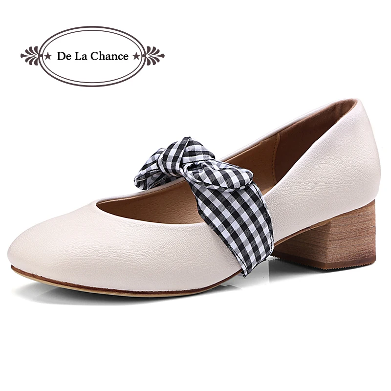 Sexy Women Check Bow Tie Mary Jane Low Heels Pumps Spring Autumn Thick Heels Shoes For Woman 