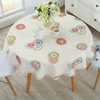 

Hot Pastoral PVC Round Cotton linen Table Cloth Waterproof Oilproof Floral Printed Lace Edge Plastic Table Covers Anti Coffe