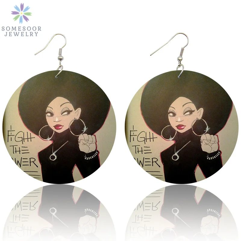 

SOMESOOR African Woman Hoops Wooden Drop Earrings Afro Natural Hair Black Fight the Power Printed Wood Jewelry For Women Gifts