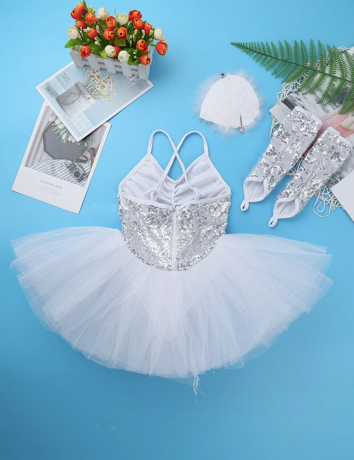 Платье с блестками для девочек; платье с профессиональная балетная пачка платье танцевальные костюмы ребенок балерина трико Сетчатое платье с перьями набор заколок для волос