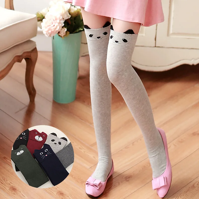 

Autumn Winter Cartoon Stereo Panda Ears Knee Stocking Cotton Women Jacquard High Tube Stockings 1pair