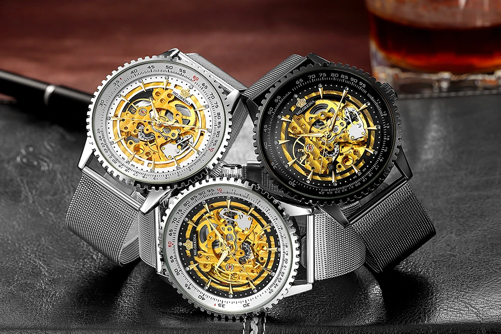 MG. ORKINA новые мужские наручные часы из нержавеющей стали с сетчатым ремешком Мужские механические часы с скелетом автоматические Relogio Masculino