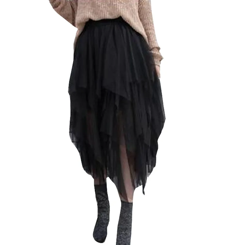 2017 Autumn Fashion Asymmetrical Tulle Skirt Black Gray Khaki High