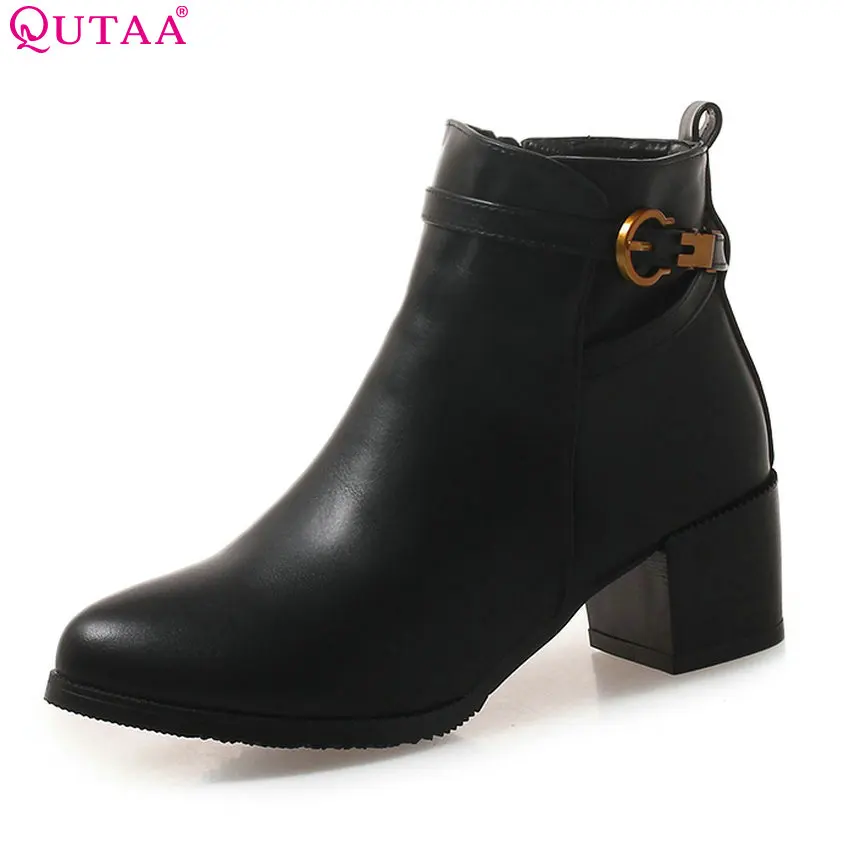 

QUTAA 2019 Women Motorcycle Boots Fashion Pu Leather Square High Heel Pointed Toe Winter Shoes Women Boots Big Size 34-43