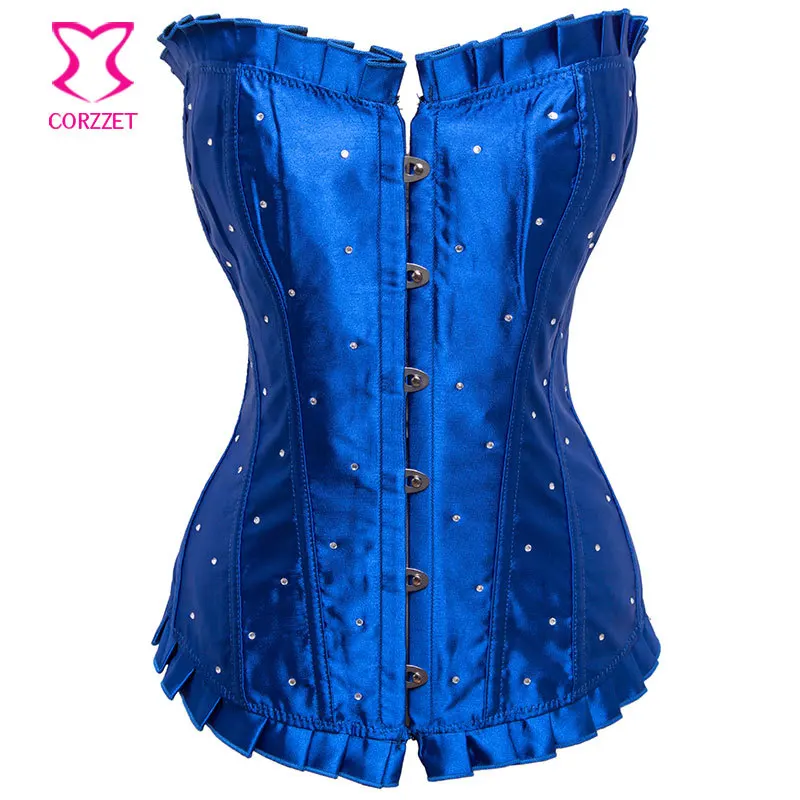 Corzzet Blue Satin With Rhinestones Plus Size 6xl Overbust Corset Steel