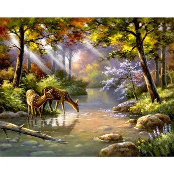 

Lovers In Street/Sika Deer Rivulet Unframed Hand Painted By Numbers Oil Painting