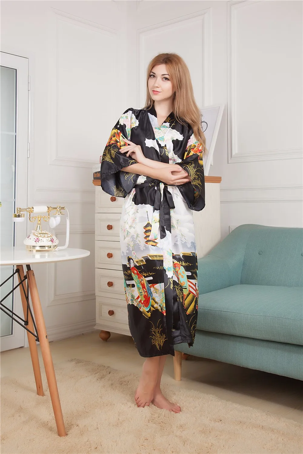 Новинка Черное длинное женское кимоно с принтом винтажная ночная рубашка