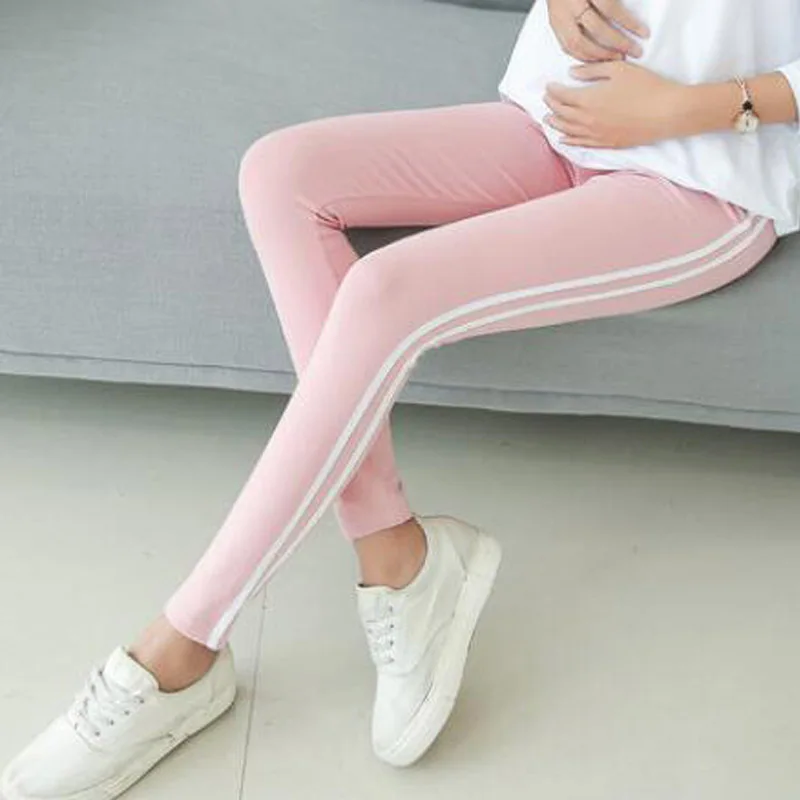 2018 pregnant women side striped cotton skinny leggings maternity high waist stretched belly trousers pencil pants  Elastic