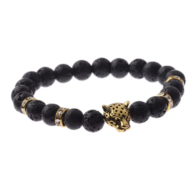 New Popular Antique Gold Leopard Head Bracelet Men Black Matte Bead