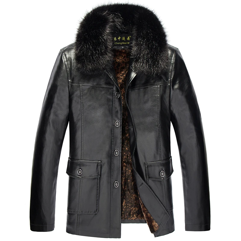 Fashion Men Leather Jacket Fur Collar PU Leather Male Jackets Autumn