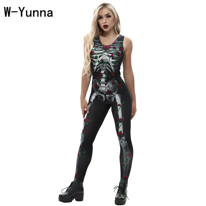 W-Yunna женская модная одежда Новые цветочные черепа стойки цифровой печати Стрейчевые боди сексуальные жилетные комбинезоны без рукавов